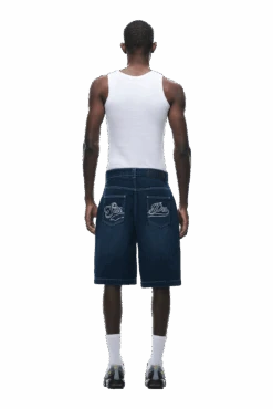 DENIM SHORTS DARK BLUE(Coated Denim Shorts Dark Blue)